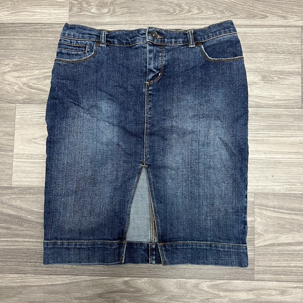Mossimo Long Blue Jean Skirt Womens 2 30" Denim Knee Length Fitted‎ Front Slit
